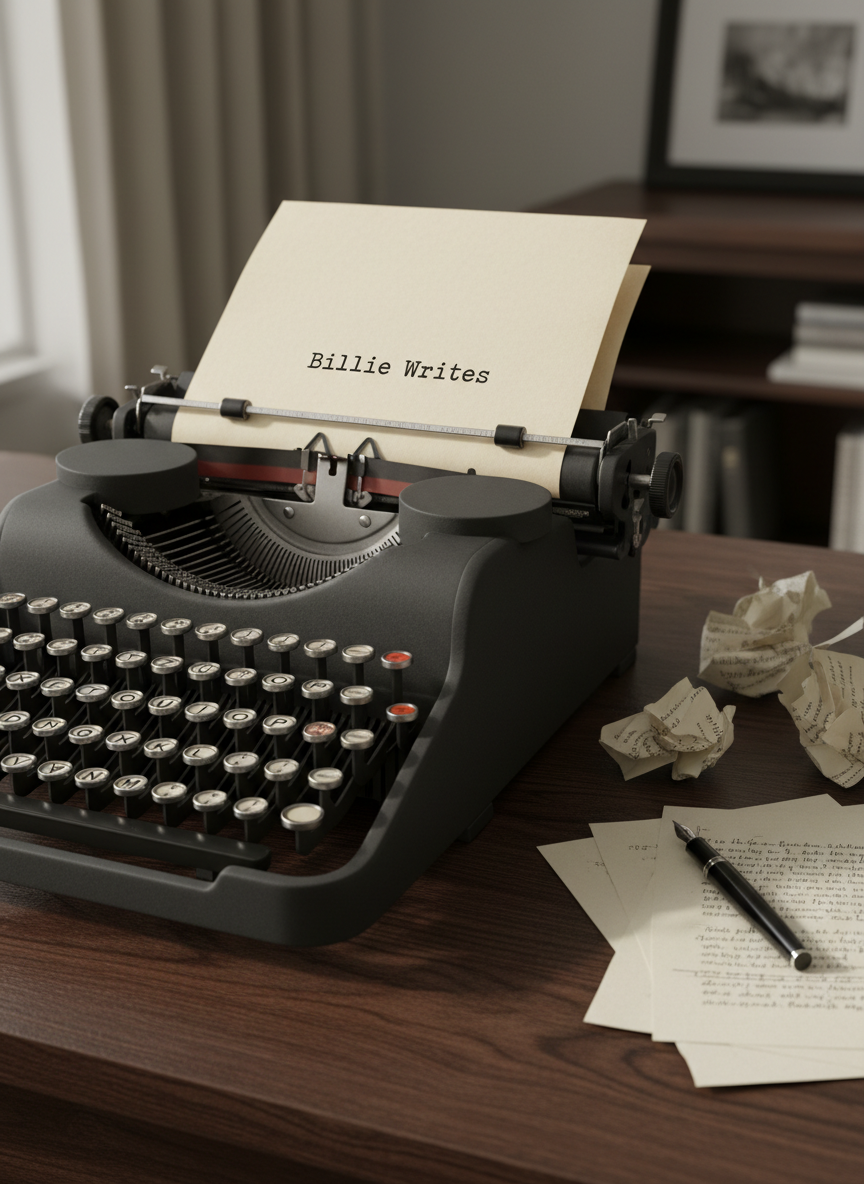 A sleek, matte-black vintage typewriter with round glass keys and a single sheet of creamy, slightly textured paper rolled halfway through the carriage, the words “Billie Writes” neatly typed across the top line. The typewriter rests on a dark walnut desk, its grain subtly visible, with scattered script pages and a slim black fountain pen nearby. Soft, diffused afternoon light enters from an unseen window to the left, creating gentle highlights on the metal type bars and casting refined shadows across the desk. Photographic realism, shot at eye level with a shallow depth of field, keeping the typewriter in crisp focus while the background dissolves into a tasteful blur. The mood is sophisticated, contemplative, and cinematic, evoking the quiet intensity of crafting film and television stories.
